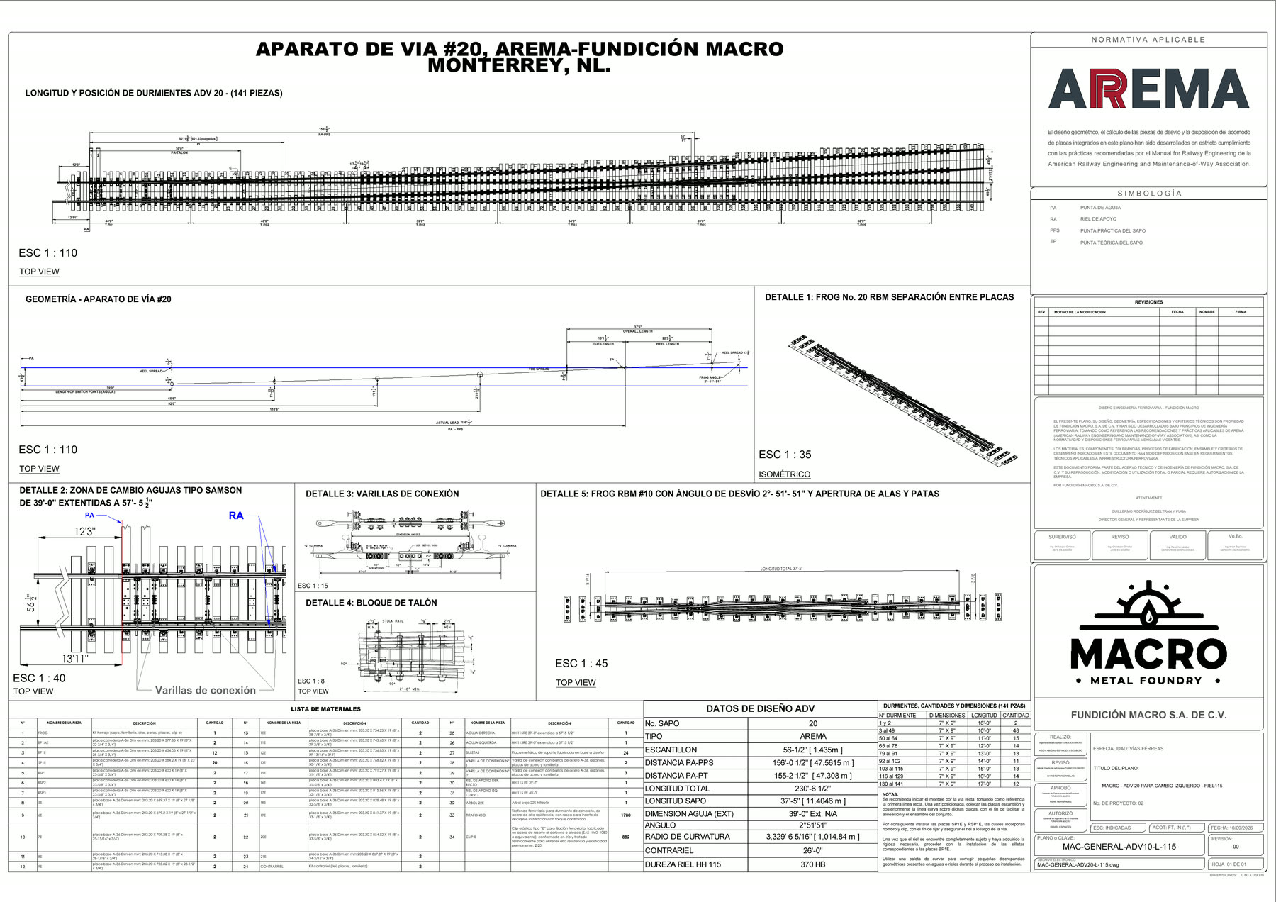 Plano general del ADV #20 conforme a AREMA, ingeniería MACRO