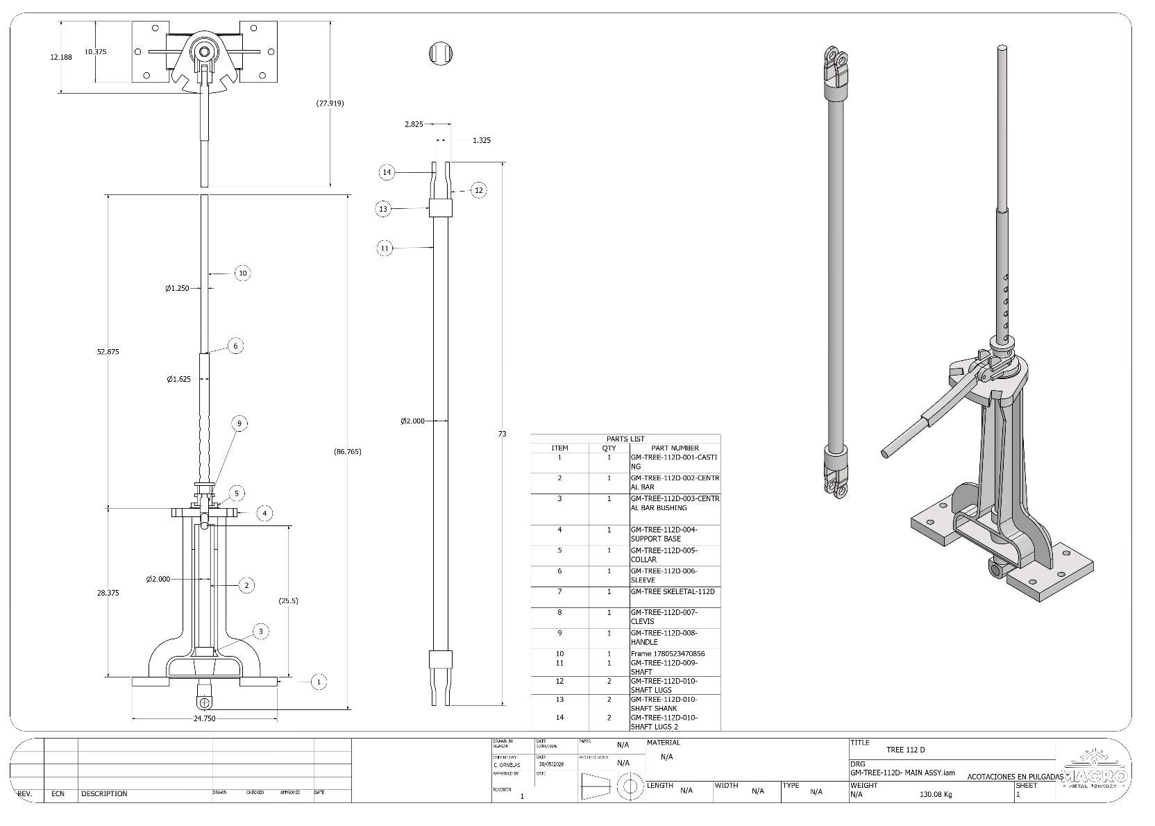 Plano de ensamble GM-TREE-112D, ingeniería propia de MACRO